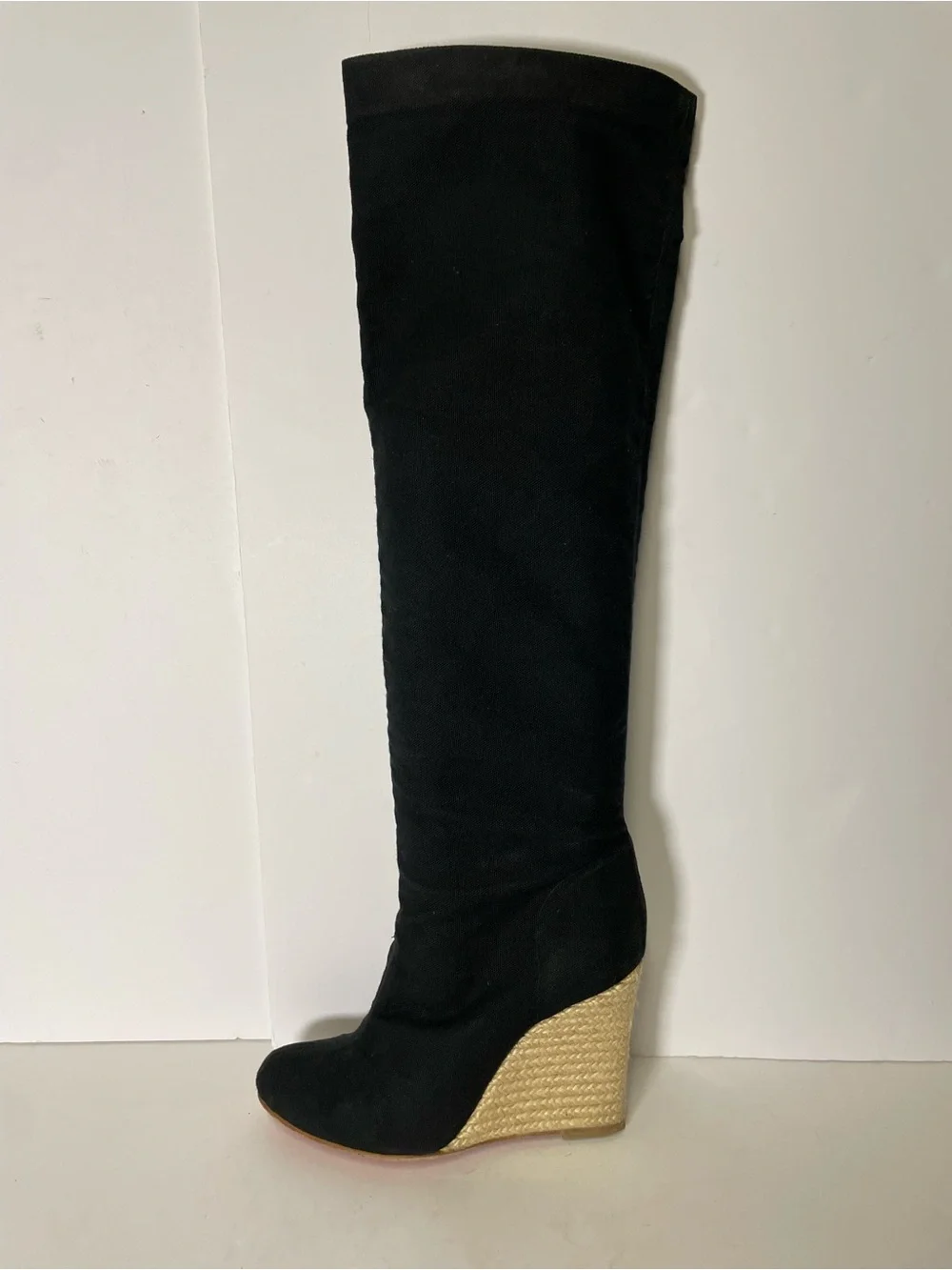 Christian Louboutin Black Wedge canvas espadrille knee high tall Boots 39/ 8.5